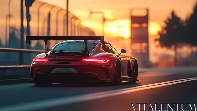 Red GT race car powers through sunrise track curves.