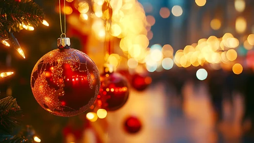 Glowing red bauble dreaming in a river of golden bokeh.