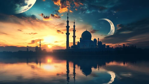 Celestial mosque skyline under twin moons at vivid sunset.