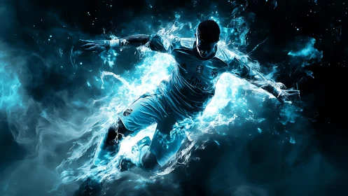 Nebula-charged football striker diving through starfire storm.