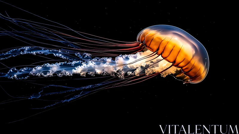 Orange jellyfish with extended tentacles on black field.