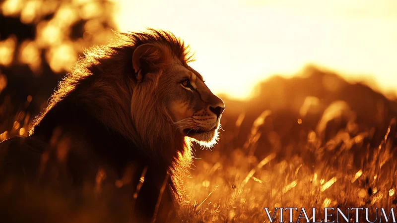 Golden-hour lion gazes across the savanna in quiet strength