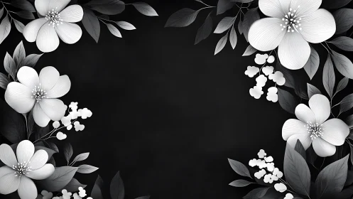 Monochrome Floral Border with White Blossoms on Black