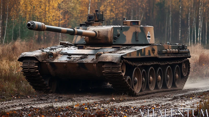 German main battle tank on muddy forest training ground.