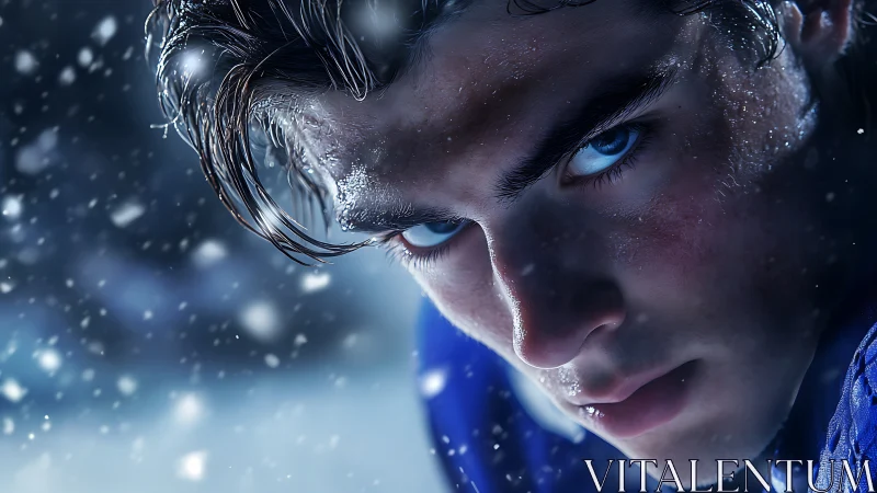 Hyperreal icy portrait of focused male athlete in snowfall