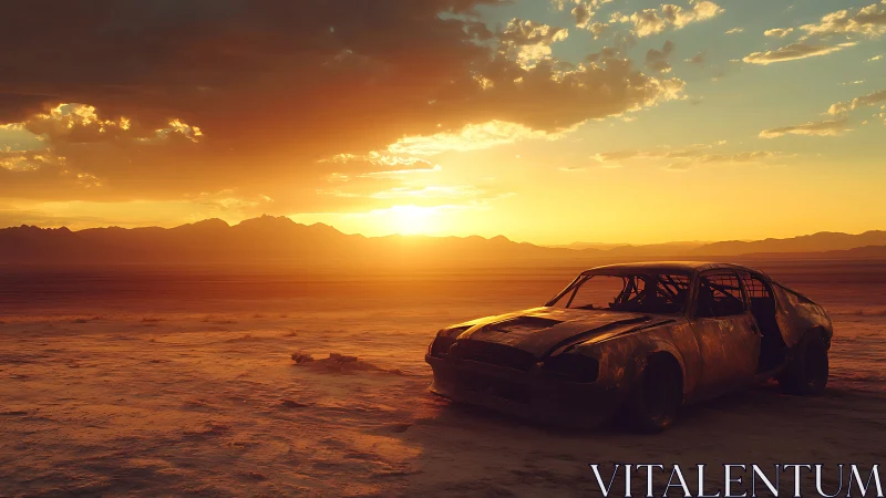 Rusting muscle car rests on sunlit desert salt flats.