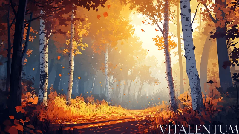 Autumn forest pathway with golden sunlight filtering through birch trees.