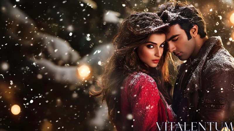 Couple standing close in winter snowfall at night outdoors.