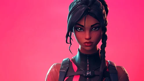 Stylized 3D heroine rendered with high-gloss shaders and pink bokeh