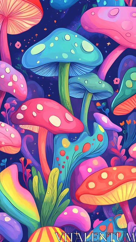 Vivid digital forest of multicolored fantasy mushrooms.