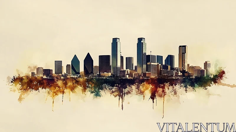 Urban skyline is rendered with abstract watercolor foreground