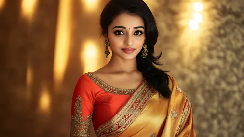 Golden sari elegance glows around a poised young woman