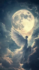 Luminous moonlit angel rising through stormlit celestial clouds.