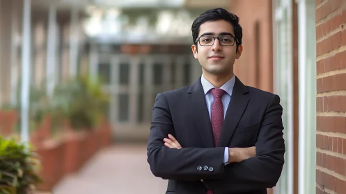 Confident young professional stands poised in modern walkway