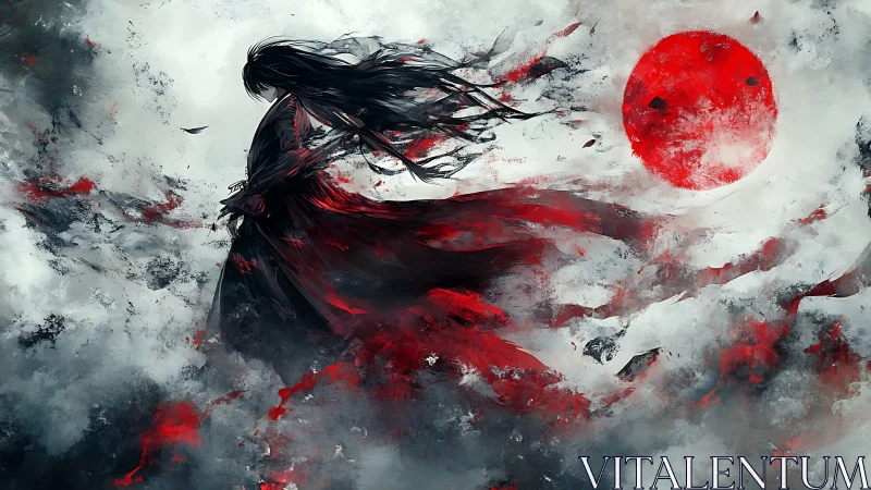 Dark robed woman in red storm beneath a blood red sun.
