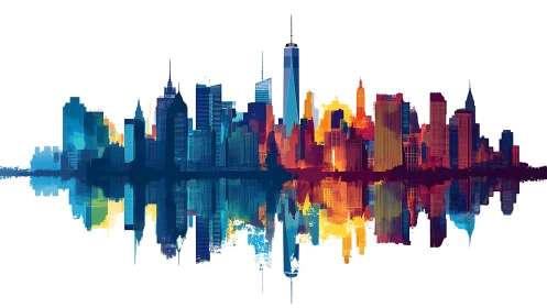 Color-splashed city skyline reflects across calm water surface.