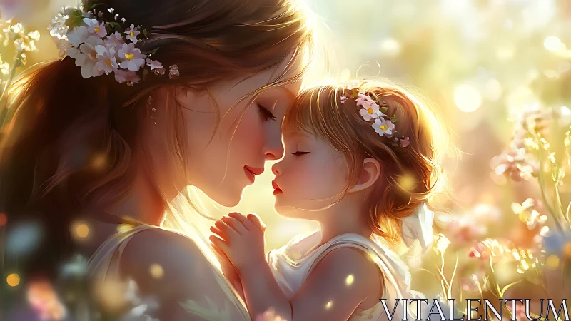 Golden Hour Maternal Bond: Soft-Focus Digital Portrait with Floral Accents.