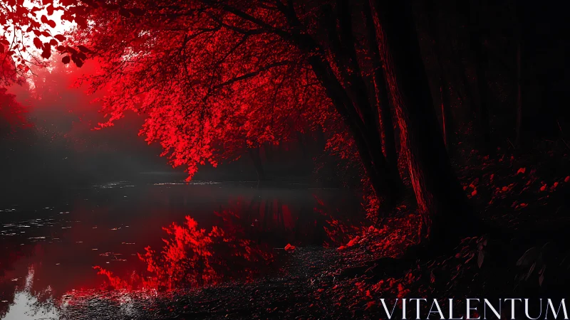 Crimson forest canopy over mirror-still twilight waterway.