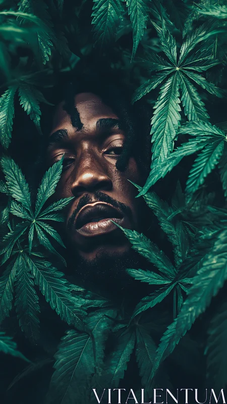 Portrait emerges from dense cannabis leaves in moody light.