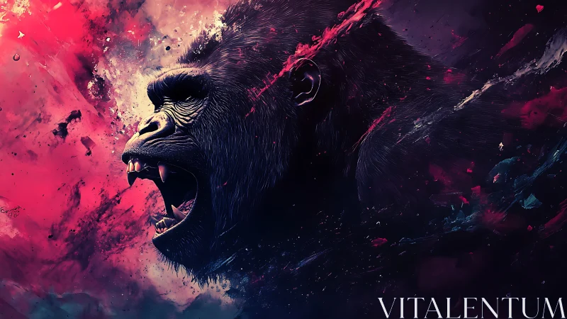 Roaring gorilla profile explodes through neon chromatic dust