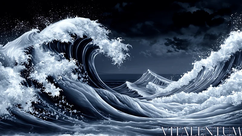 Digital seascape with stylized breaking waves at night.