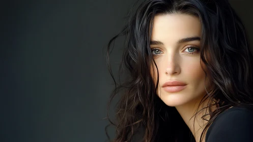 Portrait shows close-up of woman with dark wavy hair