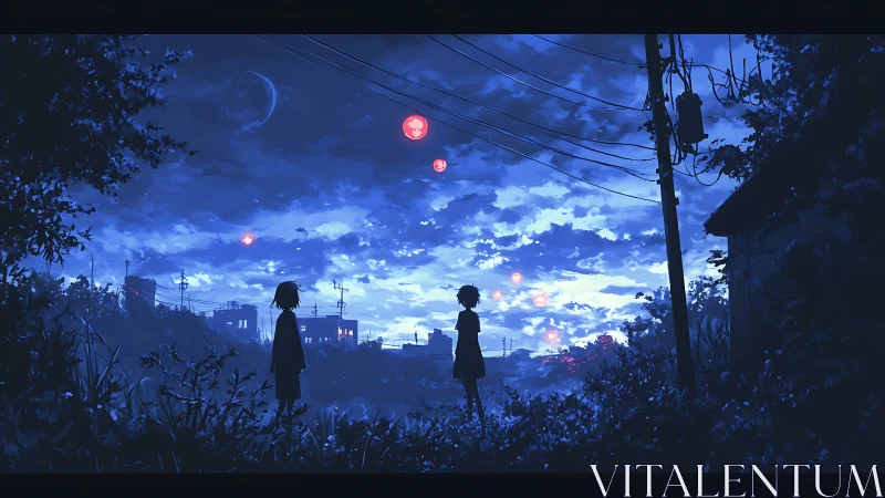 Soft blue twilight holds two friends under glowing skies