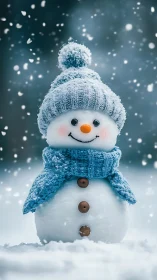 Snowman portrait with knitted blue winter accessories in snowfall