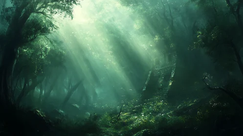Sunlit Forest Canopy with Atmospheric Light Rays