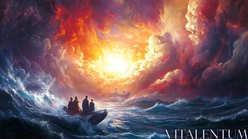 Storm-tossed fishing boats under apocalyptic radiant sky.