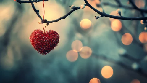 Red Heart Ornament Hanging from Frosted Branch.