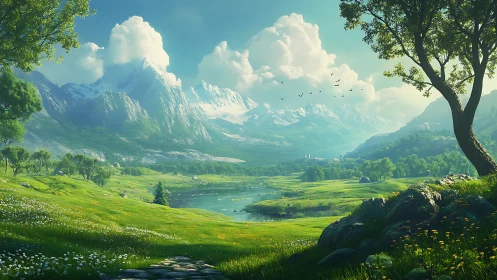 Sunlit alpine valley with serene river and distant peaks.