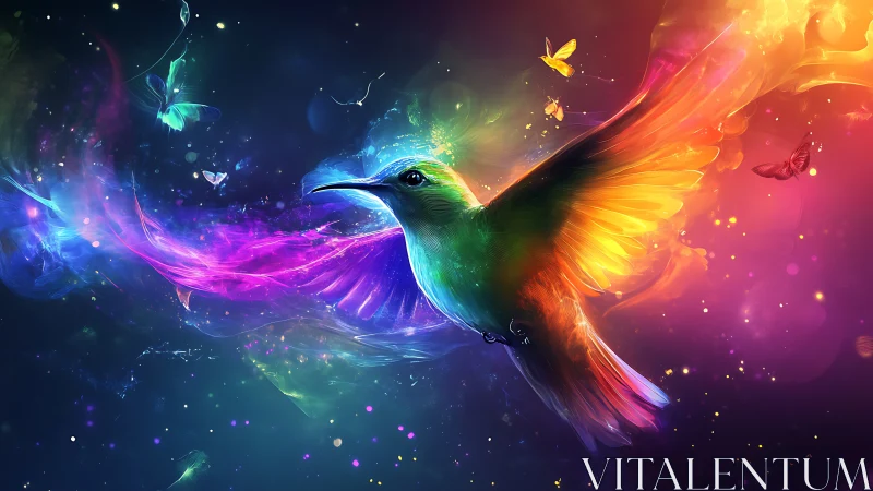Radiant hummingbird soars through luminous cosmic colors.