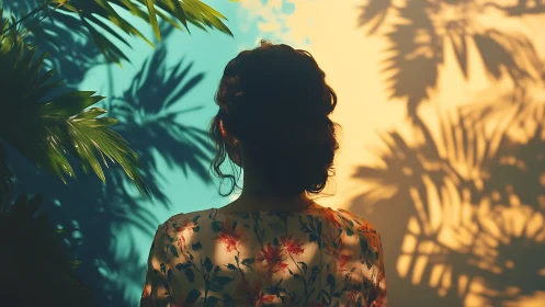 Woman viewed from behind amid tropical leaf shadows.