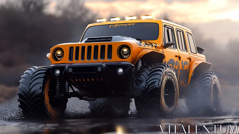 Mud-crowned desert beast jeep storms twilight horizon.