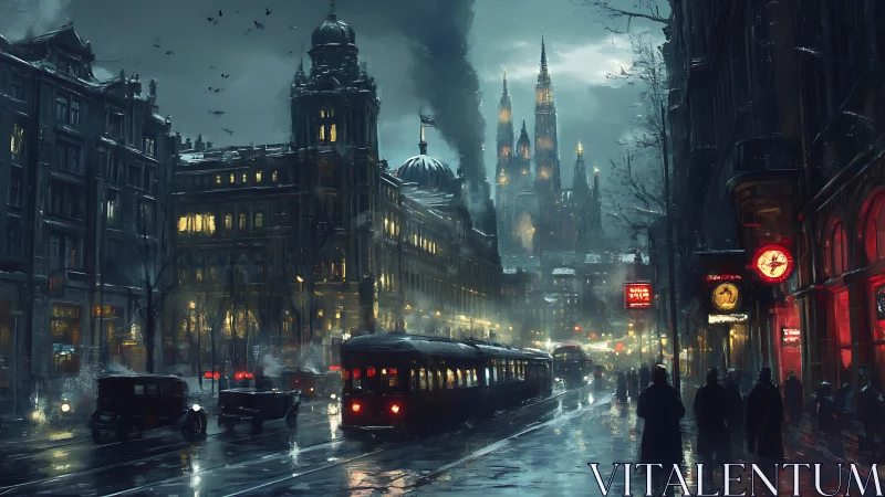 Noir tramway corridor in neo-gothic rain-soaked metropolis.