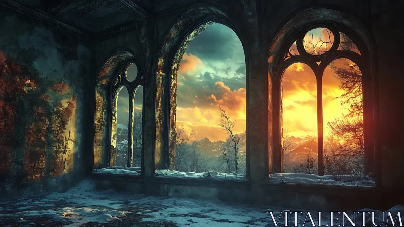 Ruined gothic hall with snowy vista and bifurcated sunset sky