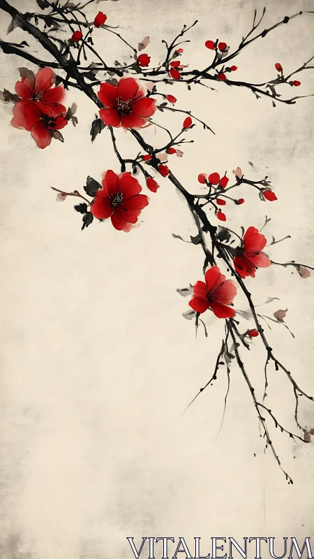 Scarlet blossoms drift across minimal parchment space.