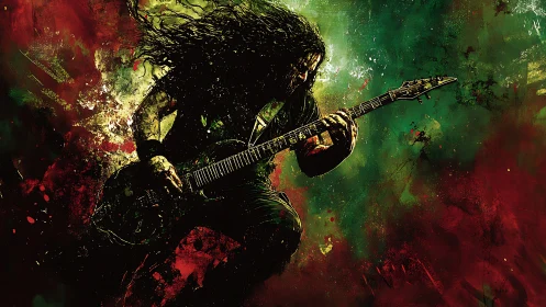 Guitarist lost in music amid wild splashes of color.