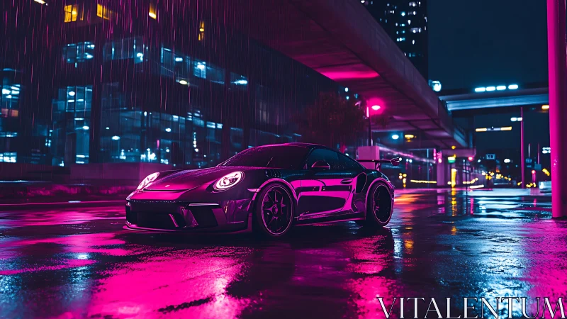 Neon-soaked sports car under midnight city downpour.