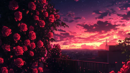Rooftop rose terrace overlooks glowing city at vivid sunset