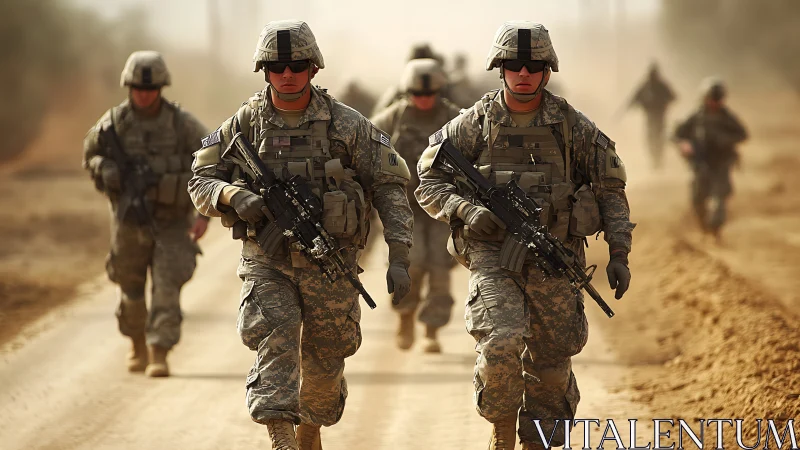 Soldiers in full combat gear advance down dusty road