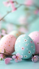 Pastel Easter eggs with delicate blossoms in soft spring light.