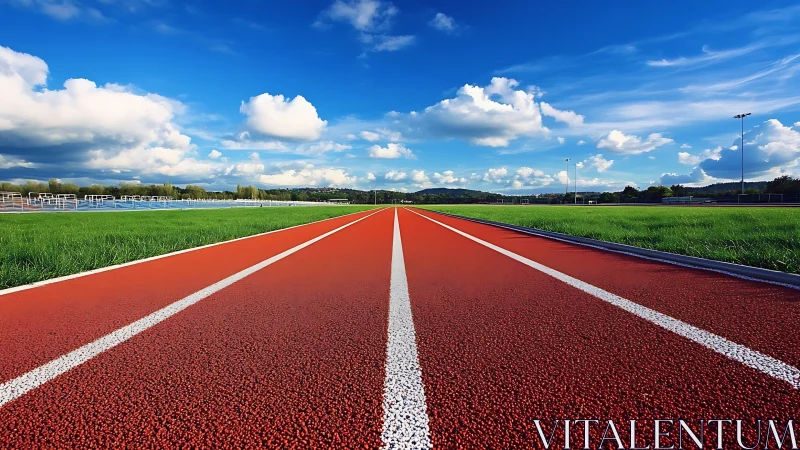 Sunlit athletics track stretching under open blue sky.