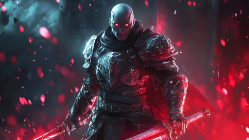 Armored dark knight with dual swords in crimson particle storm