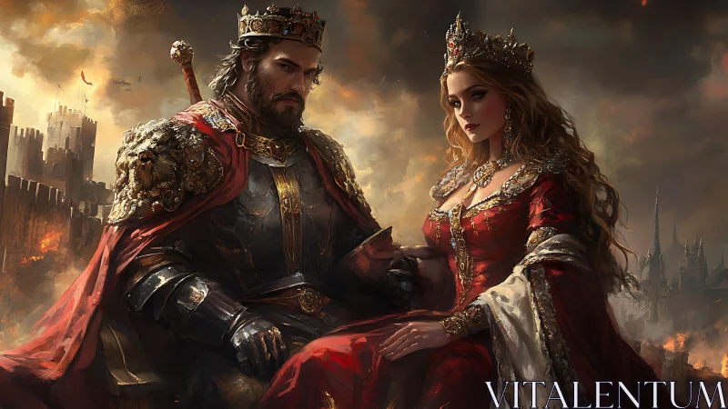 Medieval king and queen rule burning fortress kingdom