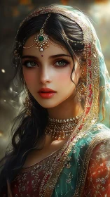 Regal South Asian bride gazes forward in jeweled finery