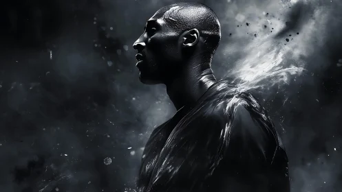 Monochrome side profile of male figure in abstract smoke.