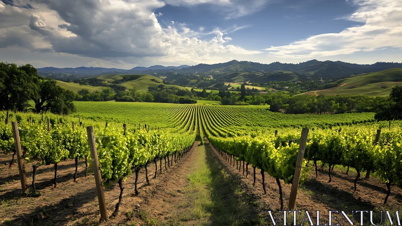 Vineyard rows extend across rolling hills under cloudy sky