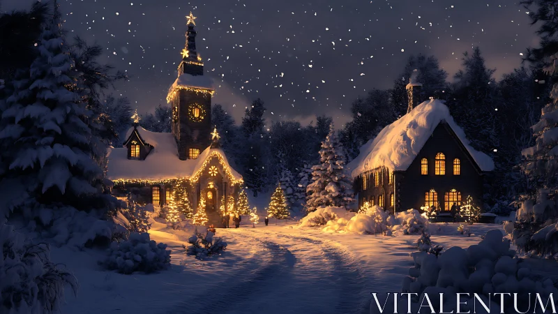 Snow-covered village church glows under falling night snow